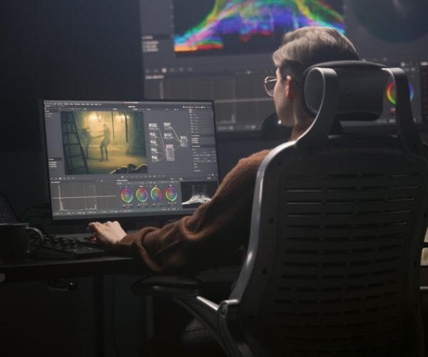 Female,Editor,Works,In,Modern,Studio,On,Computer,Using,Professional